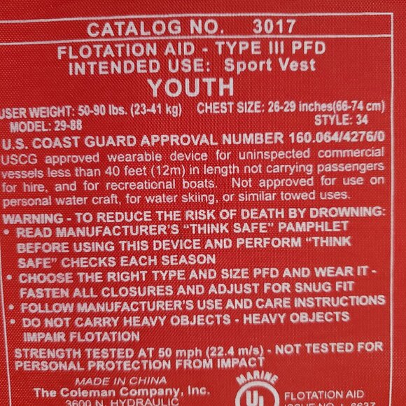 Stearns Kids Life Vest Red & White US Coast Guard Approved Youth Life Jacket - Picture 7 of 7